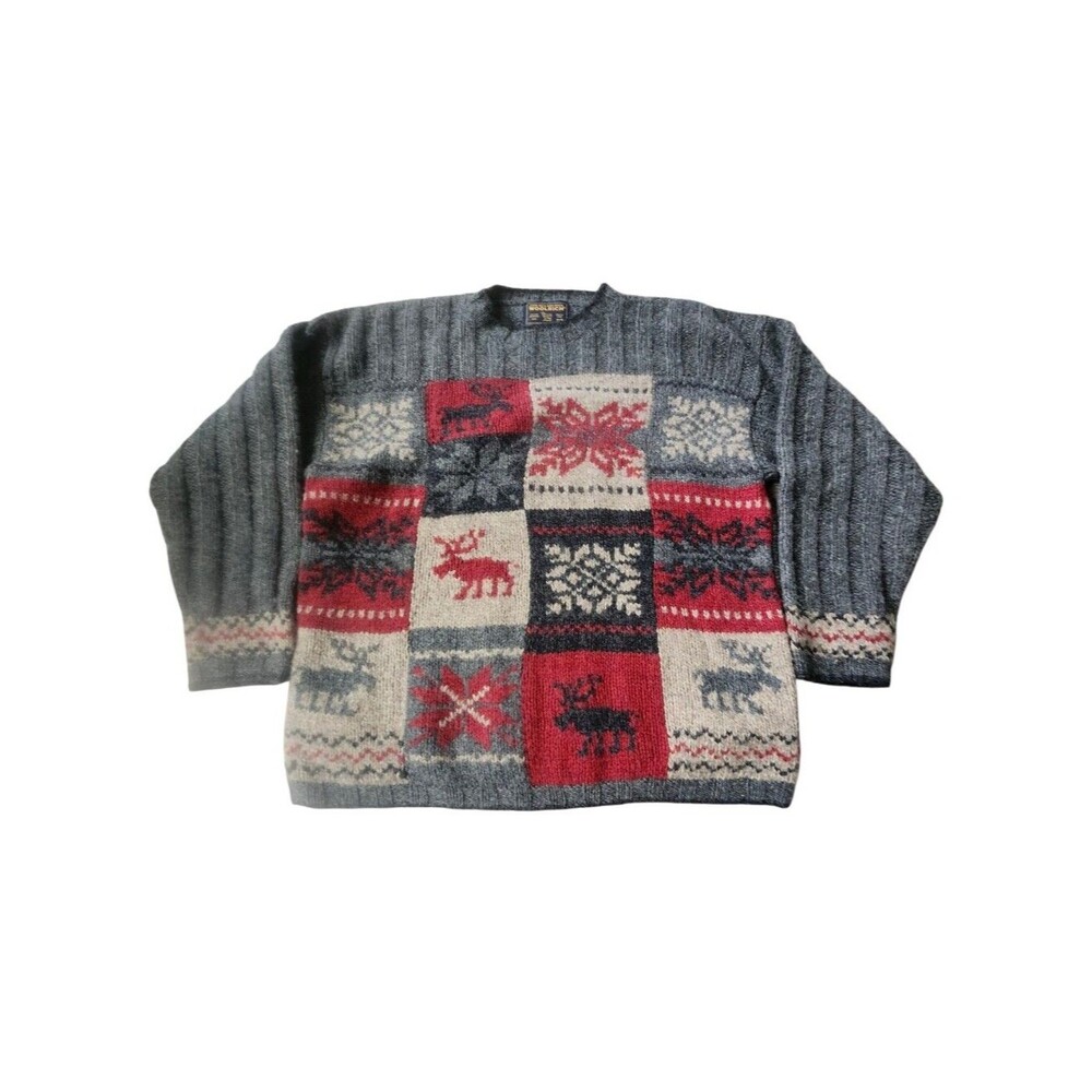 Woolrich John Rich & Bros Patchwork Wool Sweater Moose Snowflake Sweater. Sz. M
